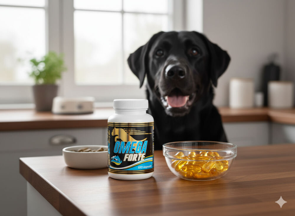Suplement dla psa GAME DOG Omega 3 Forte (60 kapsułek) Golden retriever w szelkach stoi na skale na tle górskiego krajobrazu o zachodzie słońca; obok psa znajduje się opakowanie Game Dog Omega 3 Forte oraz plecak turystyczny.