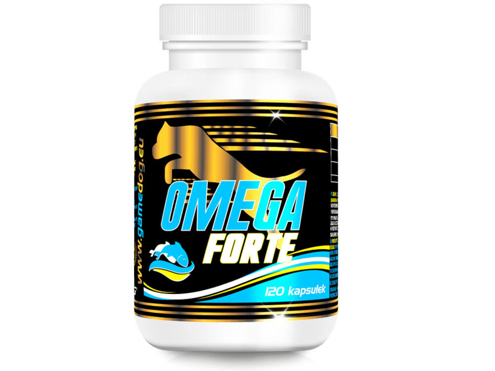 Suplement dla psa GAME DOG Omega 3 Forte (60 kapsułek) Widok z przodu na białe opakowanie suplementu Game Dog Omega 3 Forte (60 kapsułek) z wyraźnym oznaczeniem zawartości EPA i DHA.