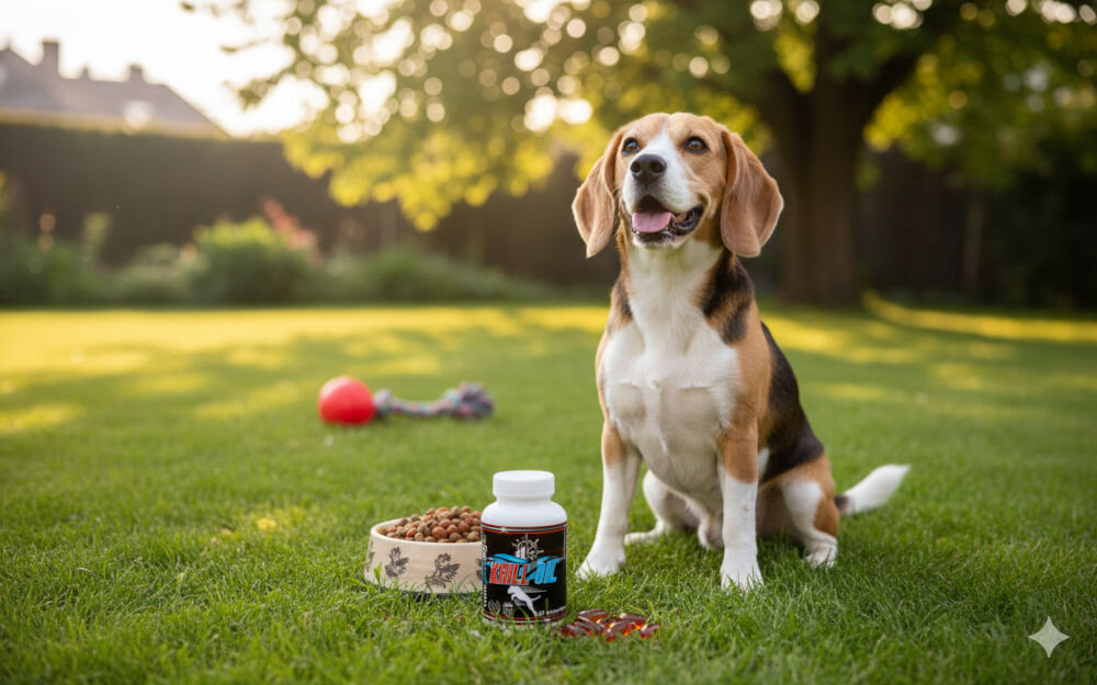 Suplement dla psa GAME DOG Krill Oil 60 kapsułek Pies rasy beagle siedzący na trawniku obok opakowania suplementu Game Dog Krill Oil i miski z karmą.