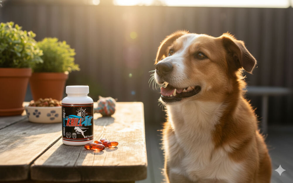 Suplement dla psa GAME DOG Krill Oil szczenięta seniory zdrowy mózg pamięć cholina EPA DHA kognitywne Biały pies rasy samojed siedzący w jasnym salonie obok opakowania suplementu Krill Oil i kilku kapsułek leżących na drewnianym stoliku.Pies rasy mieszanej siedzący na drewnianym tarasie w świetle zachodzącego słońca obok opakowania Game Dog Krill Oil.