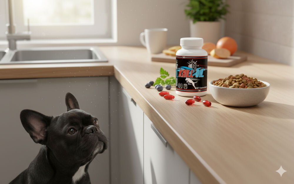Buldog francuski patrzący na opakowanie Krill Oil i miskę karmy stojące na jasnym blacie kuchennym.