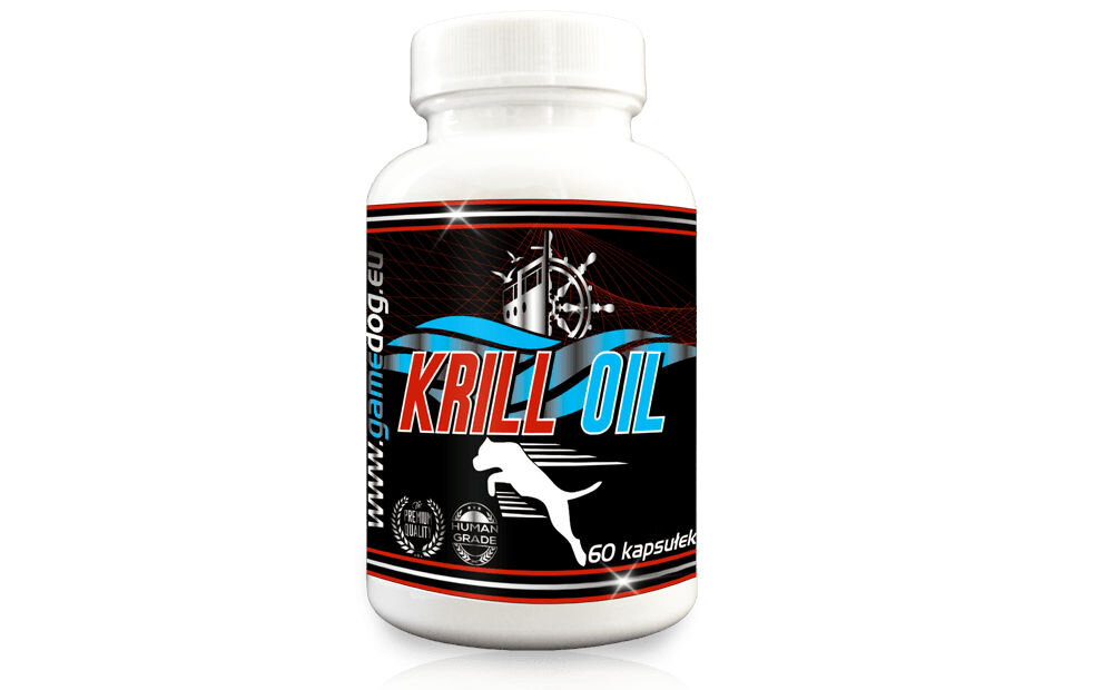 Opakowanie suplementu dla psów Game Dog Krill Oil zawierające 60 kapsułek – widok z przodu na etykietę z logotypem.