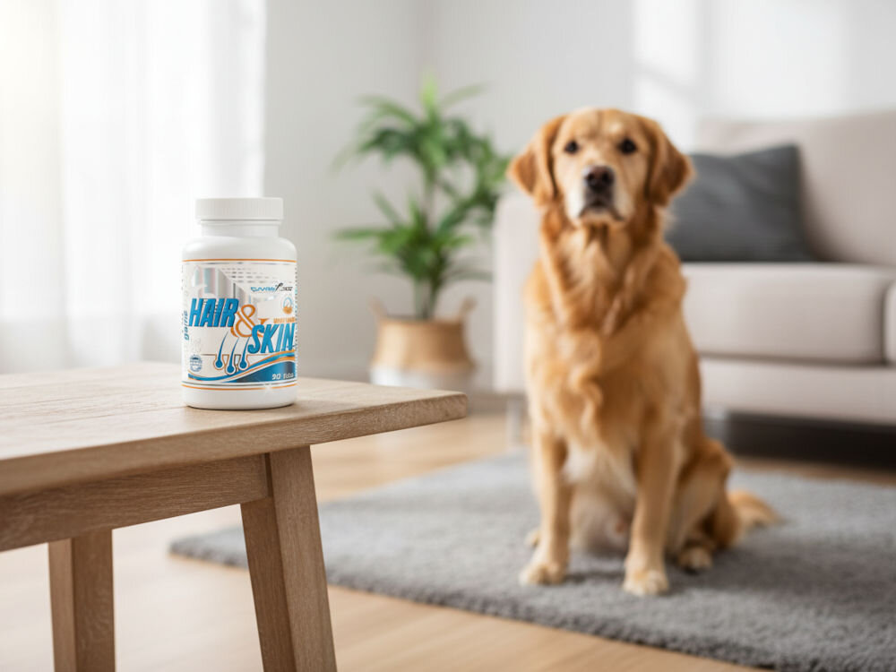 Suplement dla psa GAME DOG Hair&Skin (90 kapsułek) Przyjazny, uśmiechnięty Golden Retriever w domowym wnętrzu. Na pierwszym planie widoczna jest butelka suplementu GameDog Hair & Skin, sugerująca jego zastosowanie u psów tej rasy.