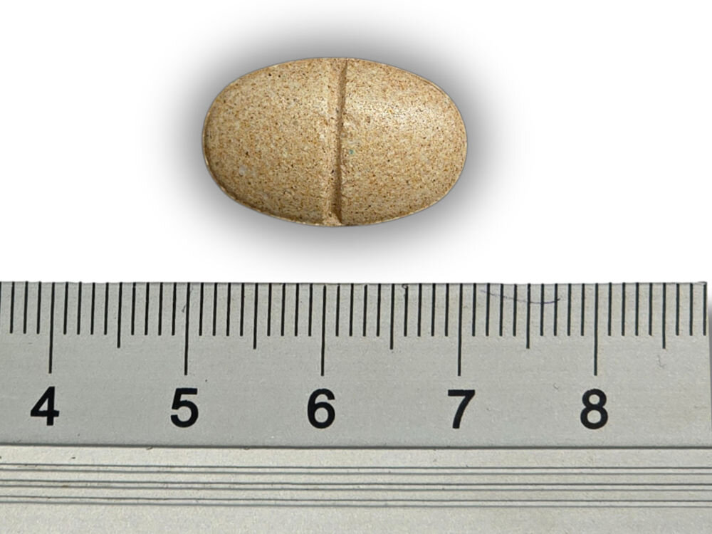 Suplement dla psa GAME DOG Hair&Skin (90 kapsułek) Zbliżenie na tabletkę suplementu dla psa Hair & Skin w naturalnym, beżowym kolorze, z linią podziału. Poniżej znajduje się linijka metryczna, wskazująca, że tabletka ma długość około 23 mm (2,3 cm).