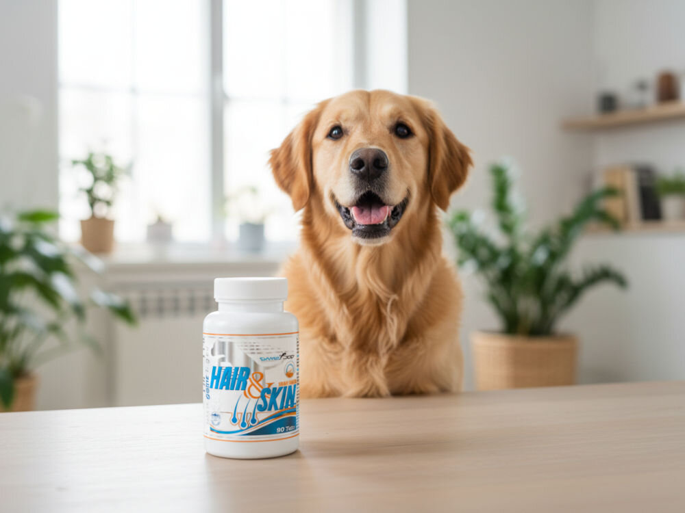 Suplement dla psa GAME DOG Hair&Skin (90 kapsułek) Przyjazny, uśmiechnięty Golden Retriever w domowym wnętrzu. Na pierwszym planie widoczna jest butelka suplementu GameDog Hair & Skin, sugerująca jego zastosowanie u psów tej rasy.