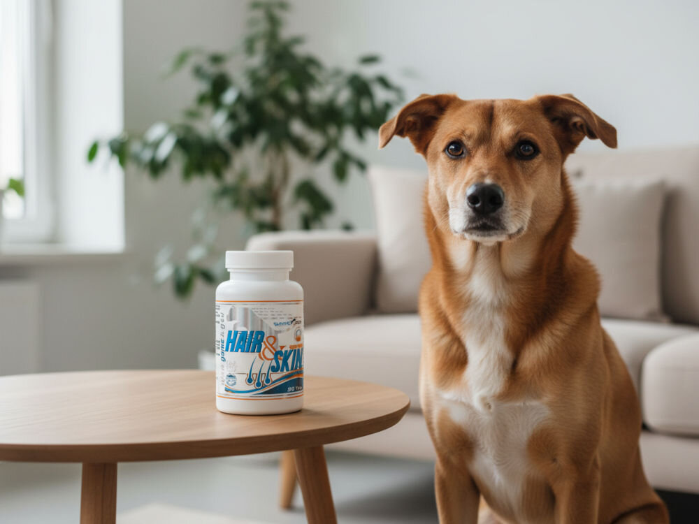 Suplement dla psa GAME DOG Hair&Skin (90 kapsułek) Rudy pies mieszanej rasy (podobny do Owczarka/Labradora) siedzący obok butelki suplementu dla psa Hair & Skin na drewnianym stoliku kawowym, podkreślając uniwersalność produktu dla różnych ras.