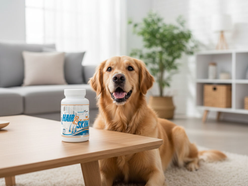 Suplement dla psa GAME DOG Hair&Skin (90 kapsułek) Przyjazny, uśmiechnięty Golden Retriever w domowym wnętrzu. Na pierwszym planie widoczna jest butelka suplementu GameDog Hair & Skin, sugerująca jego zastosowanie u psów tej rasy.