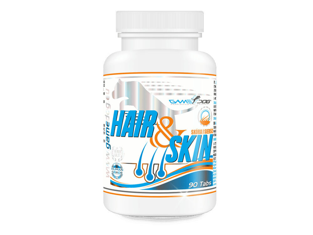 Suplement dla psa GAME DOG Hair&Skin (90 kapsułek) Czysty, biały render butelki suplementu GameDog Hair & Skin dla psów (90 tabs). Pełen widok opakowania i etykiety, na której widnieje napis: Skóra i Sierść.