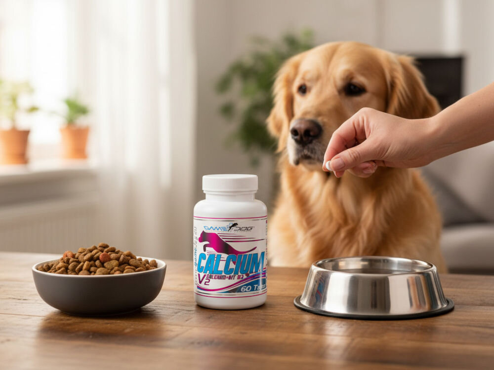 Suplement dla psa GAME DOG Calcium V2 (60 kapsułek) Zdjęcie z ręką podającą tabletkę suplementu GameDog Calcium V2 psu rasy Golden Retriever, na stole miska z karmą i opakowanie suplementu. Promowanie zdrowych kości i zębów dla psa.