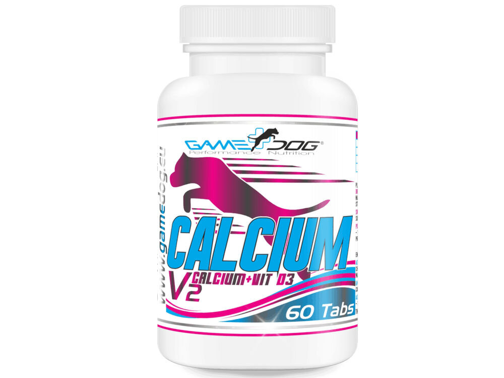 Suplement dla psa GAME DOG Calcium V2 (60 kapsułek) Zbliżenie na butelkę suplementu GameDog Calcium V2 (60 Tabs) z wapniem i witaminą D3. Wysokiej jakości suplementacja dla psa.