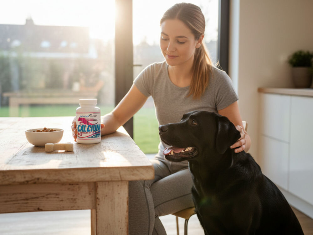 Suplement dla psa GAME DOG Calcium V2 (60 kapsułek) Właścicielka głaszcząca czarnego Labradora siedzi przy drewnianym stole obok miski z karmą i butelki suplementu GameDog Calcium V2. Zdjęcie promujące dbałość o kondycję i zdrowie psa.
