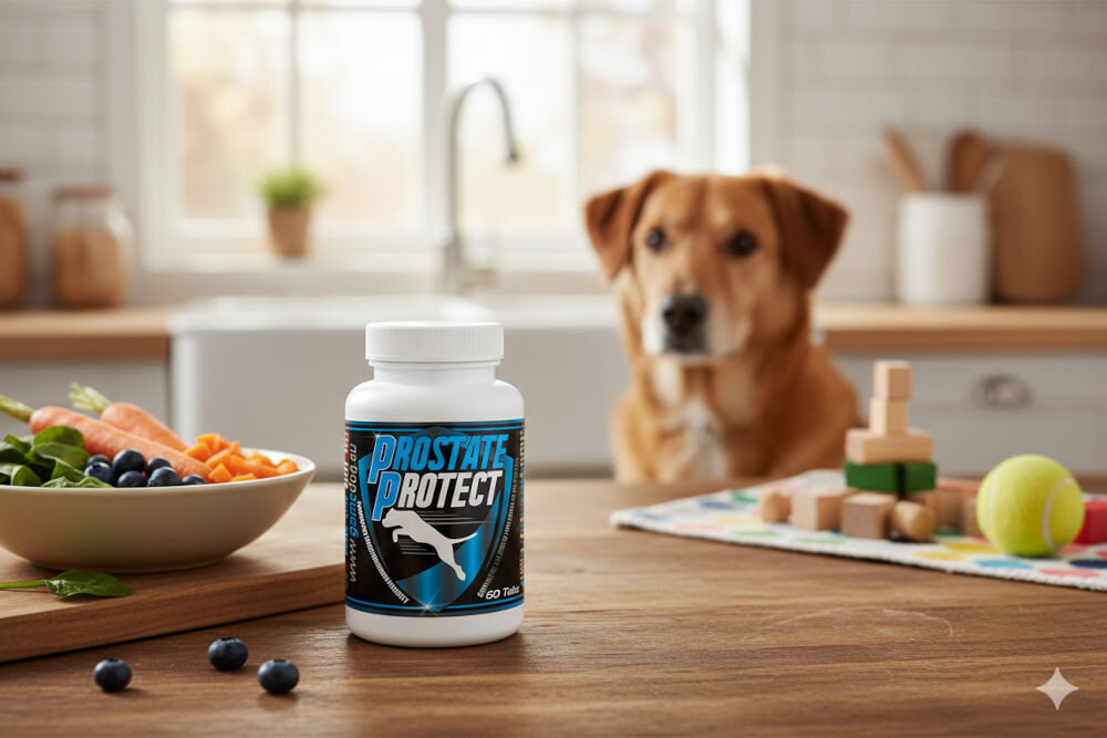 Suplement dla psa GAME DOG Prostate Protect 60 kapsułek przerost prostaty gruczoł krokowy samce Opakowanie suplementu Game Dog Prostate Protect na drewnianym stole w kuchni, w tle rozmazana sylwetka psa czekającego na posiłek.