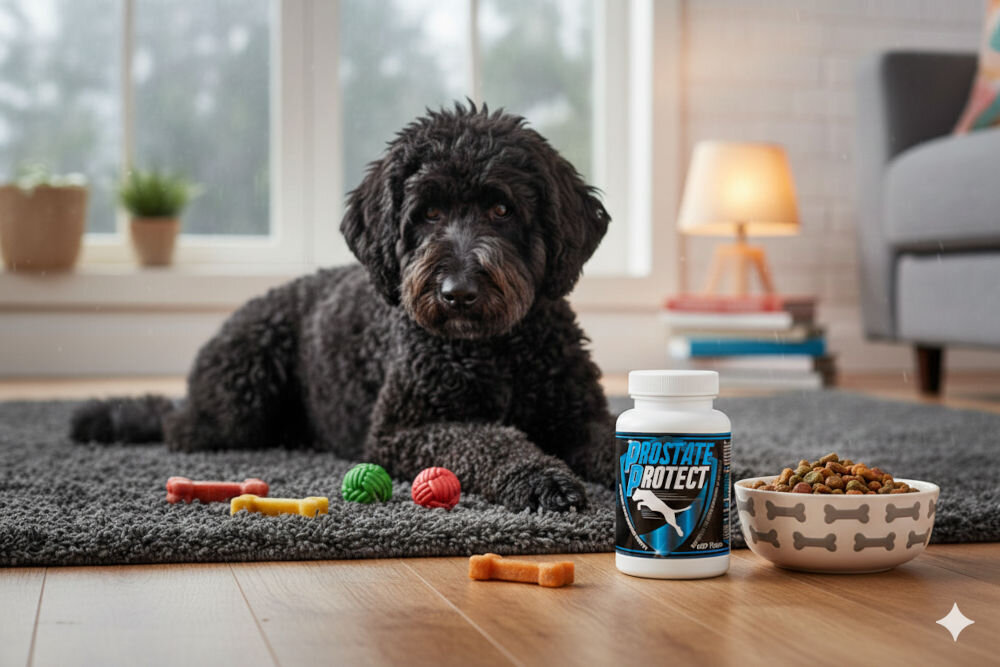 Suplement dla psa GAME DOG Prostate Protect BPH przerost prostaty wierzbownica układ moczowy Czarny, puszysty pies rasy labradoodle leżący na dywanie obok miski z karmą i suplementu na prostatę Game Dog Prostate Protect.