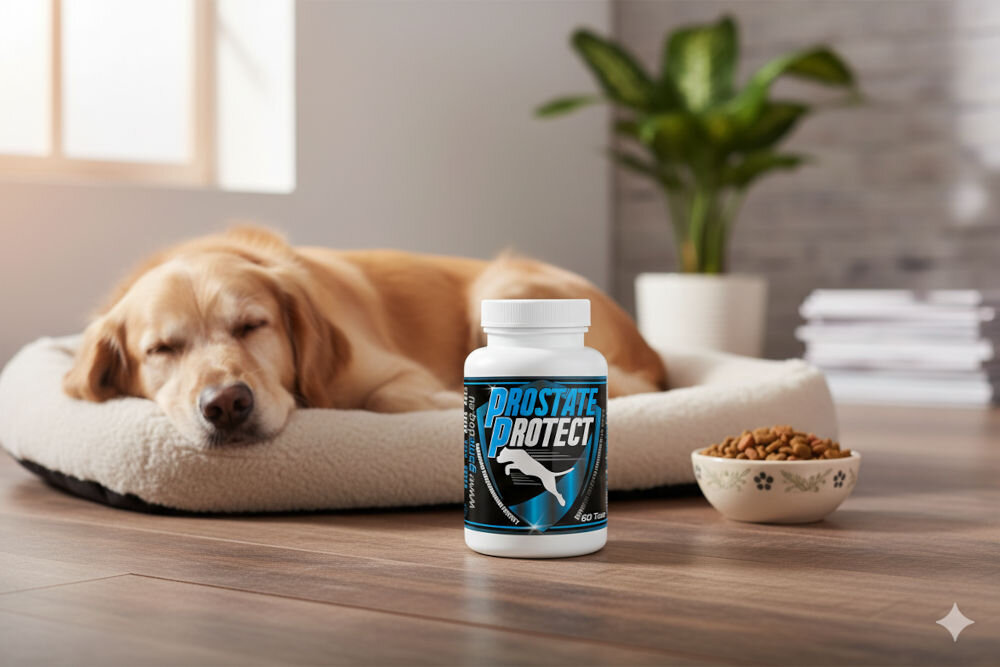 Suplement dla psa GAME DOG Prostate Protect (60 kapsułek) Śpiący złoty retriever na jasnym legowisku, obok którego stoi suplement dla psów Game Dog Prostate Protect w 60 tabletkach.