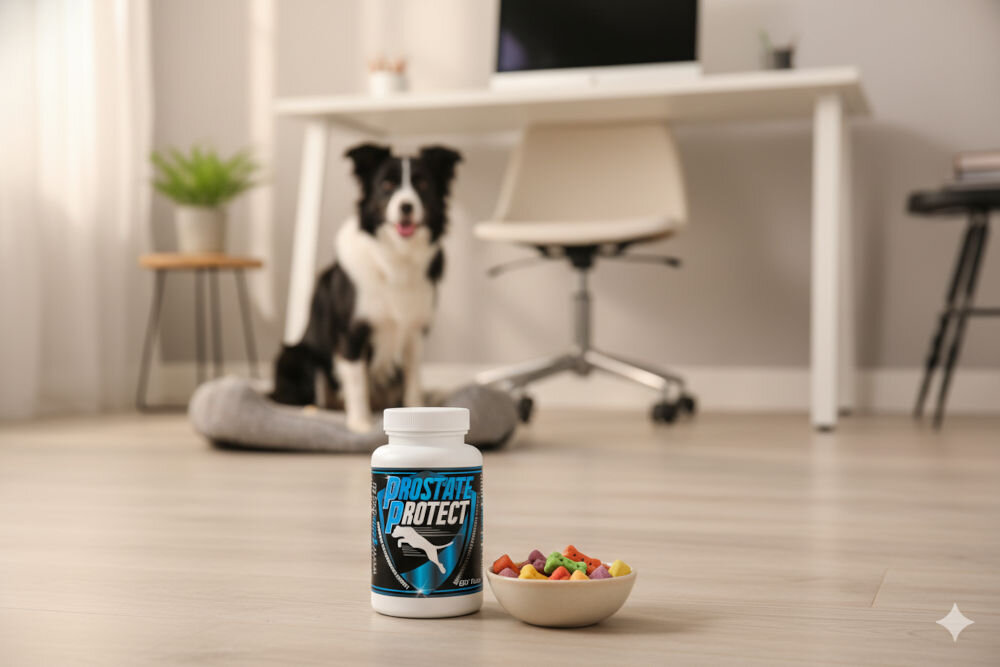 Suplement dla psa GAME DOG Prostate Protect (60 kapsułek) Suplement Game Dog Prostate Protect na pierwszym planie, w tle pies rasy border collie siedzący w nowoczesnym domowym biurze.