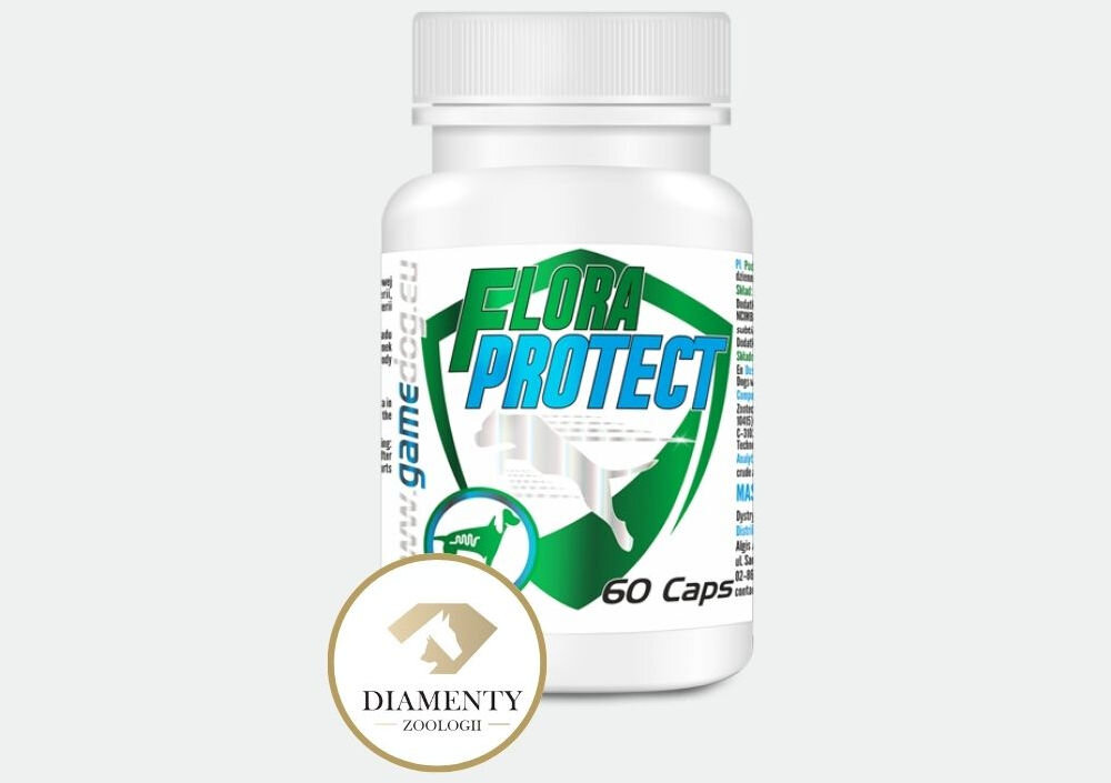 Suplement dla psa GAME DOG Flora Protect Probiotyk (60 kapsułek) Białe opakowanie suplementu dla psów Flora Protect z zielono-białą etykietą, tarczą ochronną i sylwetką psa. Widoczna informacja 60 Caps oraz logo dystrybutora Diamenty Zoologii.