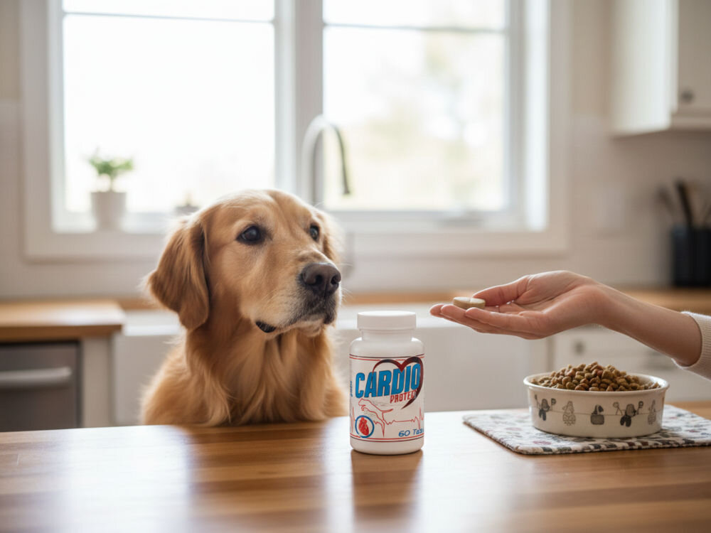 Suplement dla psa GAME DOG Cardio Protect (60 kapsułek) Złoty Retriever na kuchennym blacie patrzący na dłoń podającą mu tabletkę Cardio Protect. Obok znajduje się białe opakowanie suplementu dla psa z czerwoną etykietą i miska z karmą. Scena sugeruje dbałość o zdrowie serca psa.