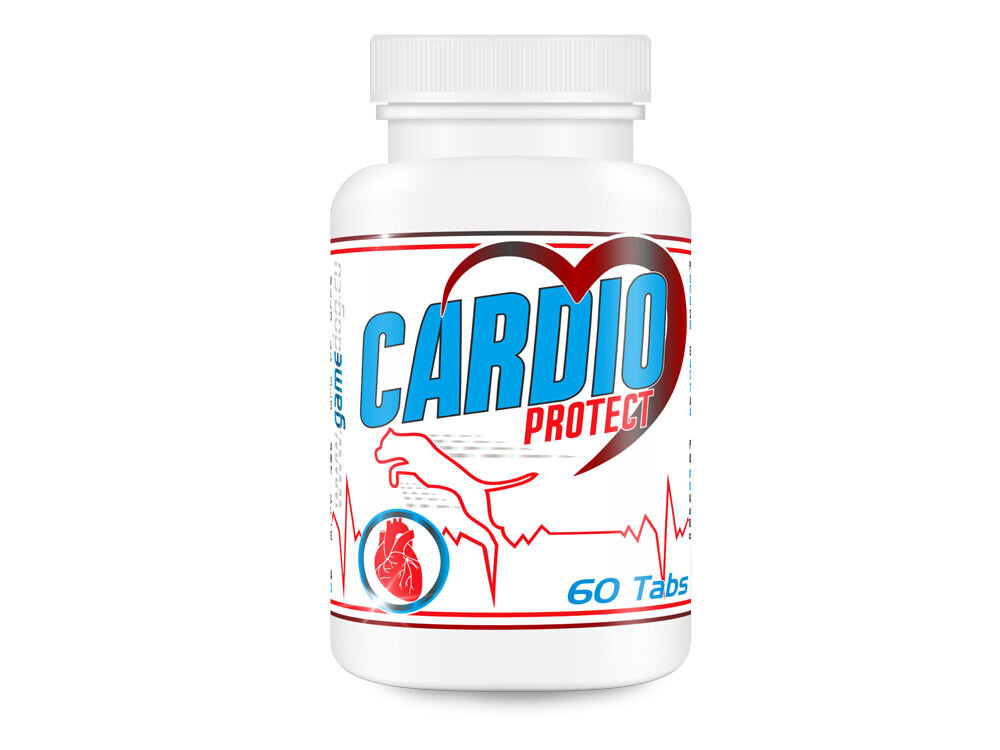 Suplement dla psa GAME DOG Cardio Protect (60 kapsułek) Zbliżenie na białe opakowanie suplementu dla psa Cardio Protect z czerwoną i niebieską grafiką serca, sylwetką psa oraz elektrokardiogramem EKG. Na etykiecie widoczna informacja 