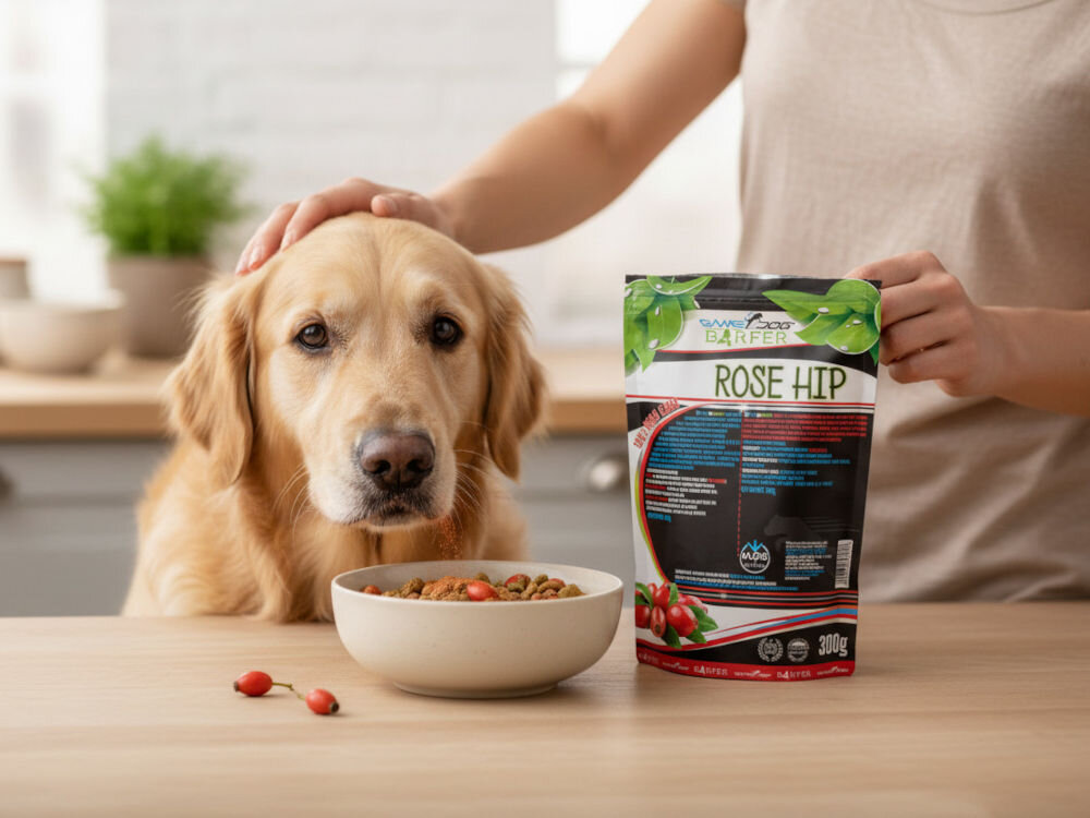 Suplement dla psa GAME DOG Barfer Kelp 300 g Kobieta głaszcząca Golden Retrievera. Obok opakowanie BARFER Rose Hip (Dzika Róża) i miska z karmą.