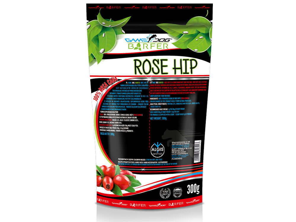 Suplement dla psa GAME DOG Barfer Kelp 300 g Suplement dla psa BARFER Rose Hip (Dzika Róża) 300g. Naturalne źródło witaminy C dla wsparcia odporności.