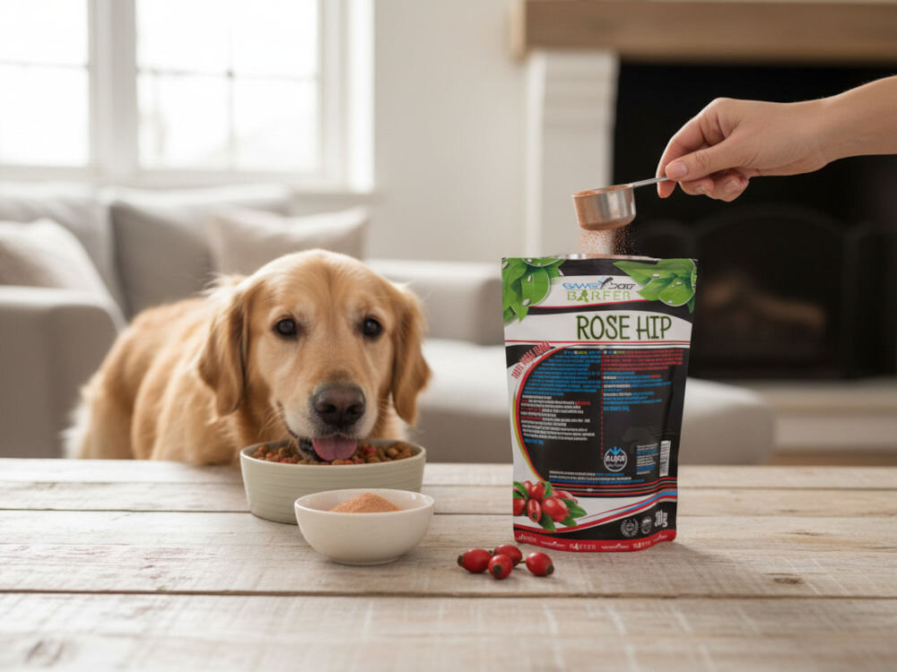 Suplement dla psa GAME DOG Barfer Kelp 300 g Dodawanie proszku BARFER Rose Hip (Dzika Róża) do miski psa za pomocą miarki.