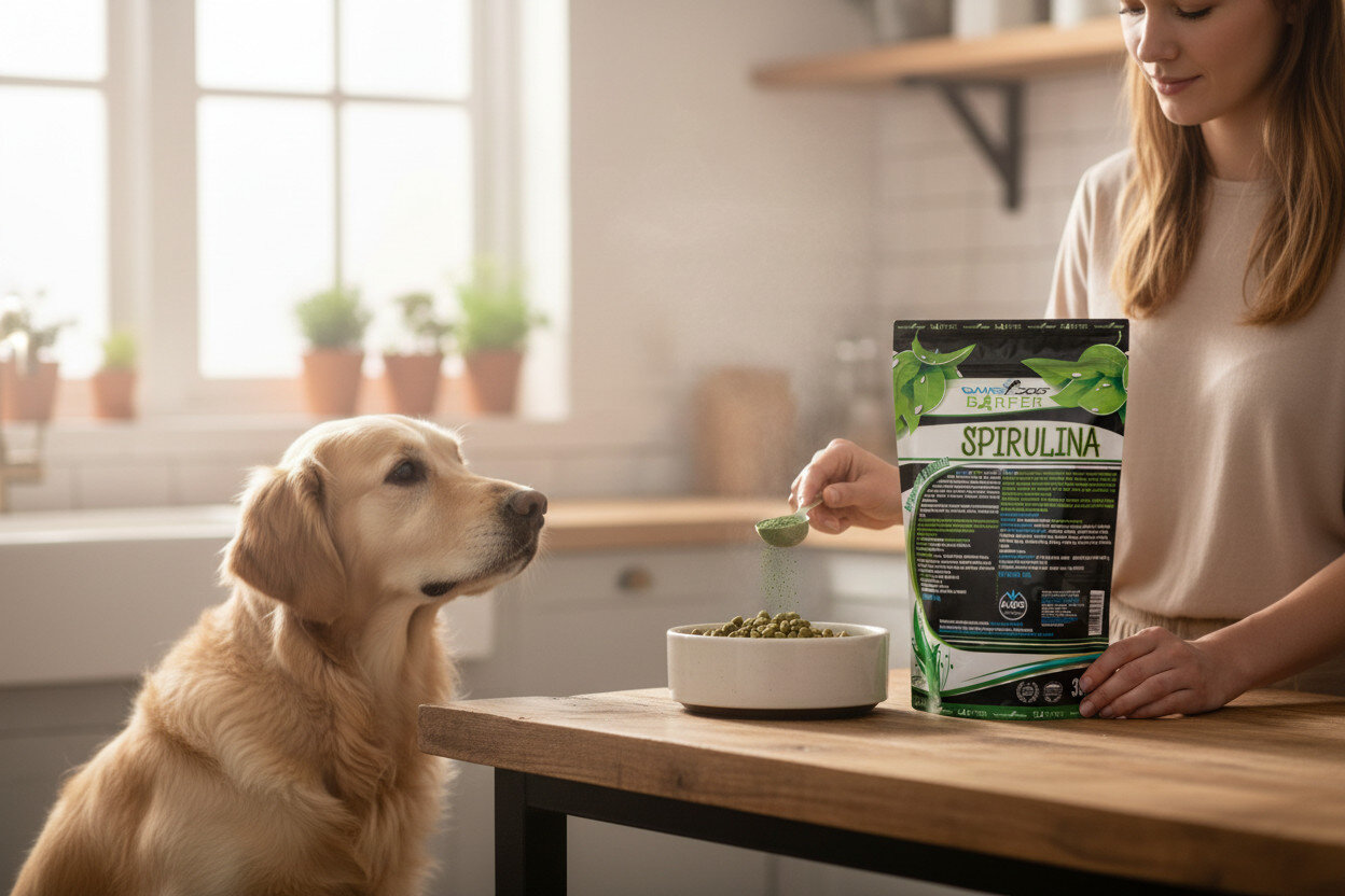 Suplement dla psa GAME DOG Barfer Kelp 300 g Kobieta głaszcząca Golden Retrievera. Obok opakowanie BARFER Rose Hip (Dzika Róża) i miska z karmą.