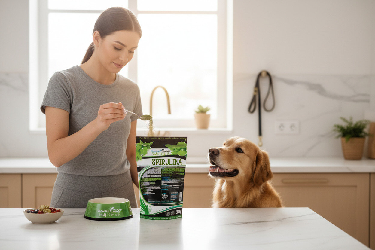 Suplement dla psa GAME DOG Barfer Kelp 300 g Dodawanie proszku BARFER Rose Hip (Dzika Róża) do miski psa za pomocą miarki.