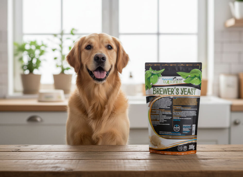 Suplement dla psa GAME DOG Barfer Brewer’s Yeast 300 g Golden Retriever siedzący w kuchni, obok opakowanie Drożdży Piwnych (Brewer's Yeast) 300g, suplementu dla psów.