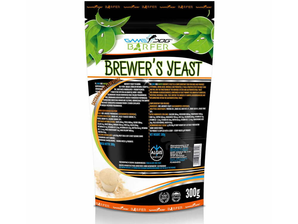 Suplement dla psa GAME DOG Barfer Brewer’s Yeast 300 g Suplement dla psa BARFER Brewer's Yeast (Drożdże Piwne) 300g. Wsparcie dla skóry, sierści i układu pokarmowego.