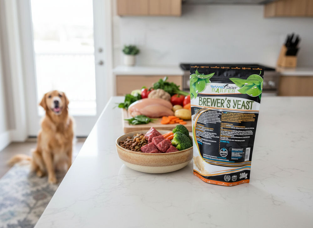 Suplement dla psa GAME DOG Barfer Brewer’s Yeast 300 g BARFER Brewer's Yeast 300g, umieszczony obok składników diety BARF dla psa (mięso, warzywa). W tle czeka Golden Retriever.