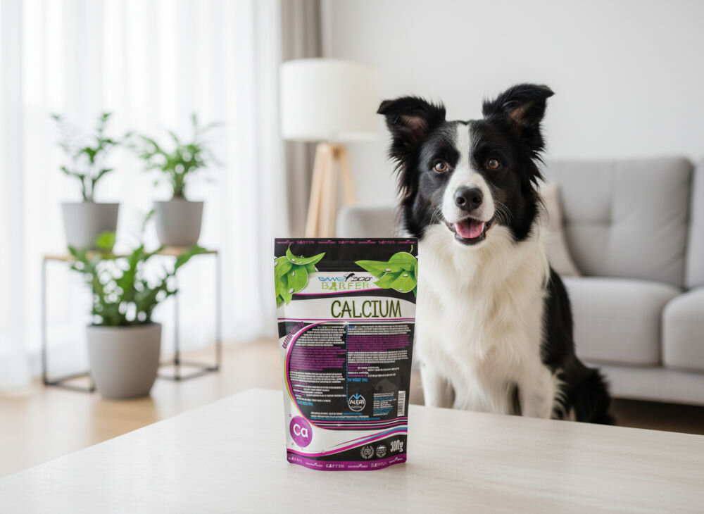 Suplement dla psa GAME DOG Barfer Calcium Citrate 300 g Border Collie siedzący w salonie, obok opakowanie Cytrynianu Wapnia (Barfer Calcium) 300g.