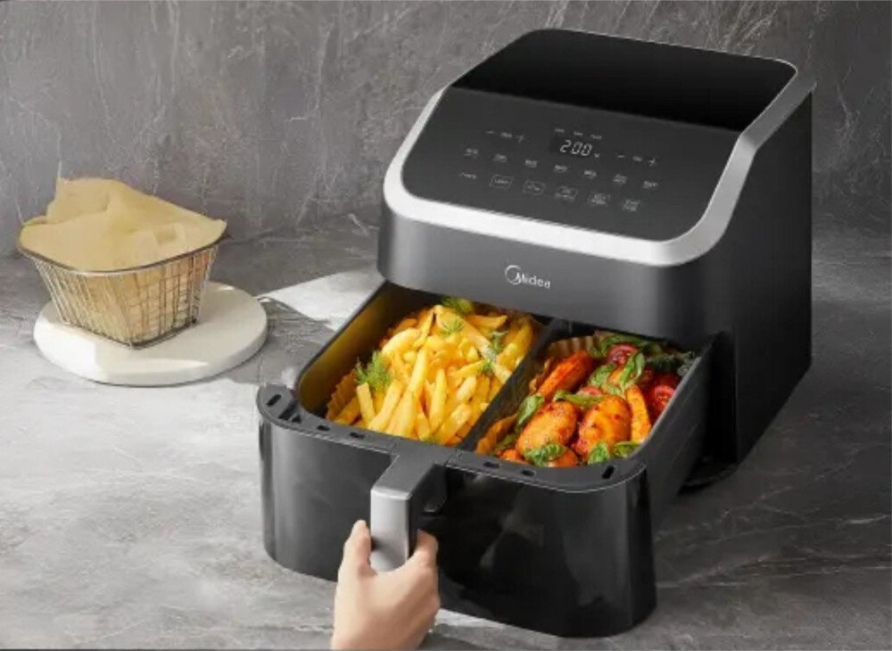 Air Fryer Frytkownica beztłuszczowa MIDEA Space Master MAD85000ADK z okienkiem do obserwacji postępów gotowania Elastyczność gotowania Dwie niezależne strefy różne składniki dania wymiary