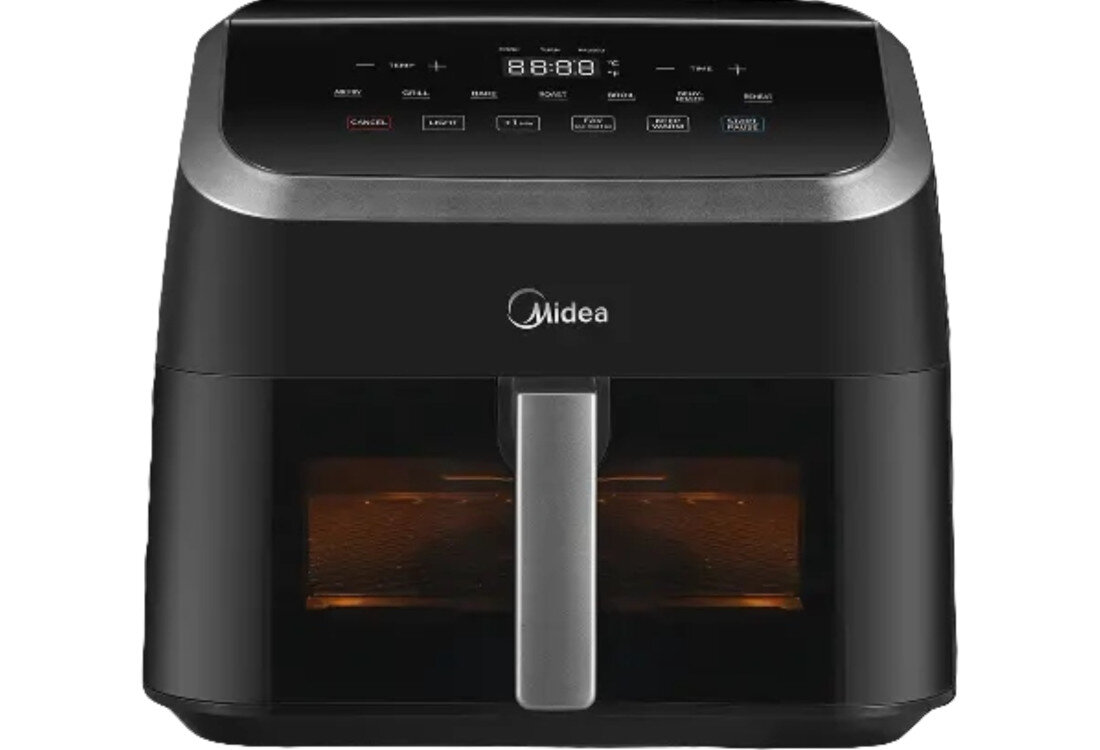 Air Fryer Frytkownica beztłuszczowa MIDEA Space Master MAD85000ADK z okienkiem do obserwacji postępów gotowania Intuicyjna obsługa dostosuj ustawienia ręcznie 9 programów wybór przejrzysty wyświetlacz LED podgrzewanie, podgląd wnętrza i zapamiętywanie ustawień