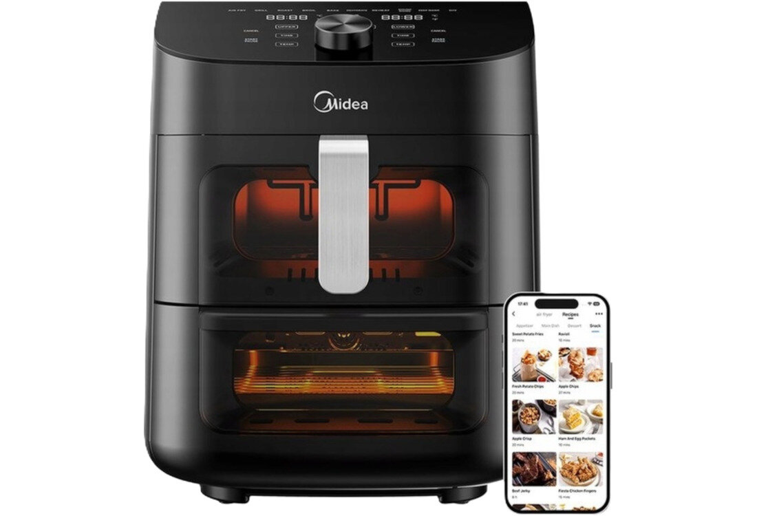 Air Fryer Frytkownica beztłuszczowa MIDEA MAD1100DADK z podwójnym koszem i rusztem do grilla Wygodne sterowanie aplikacją aplikacja Midea SmartHome system Google Home i Alexa zdalne sterowanie kontrola proces przygotowywanie planowanie gotowanie
