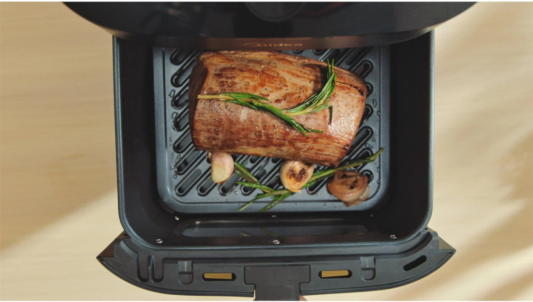 Air Fryer Frytkownica beztłuszczowa MIDEA MAD1100DADK z podwójnym koszem i rusztem do grilla  10 programów dla różnych dań Wbudowane automatyczne programy gotowania od warzyw po mięsa i ciasta danie
