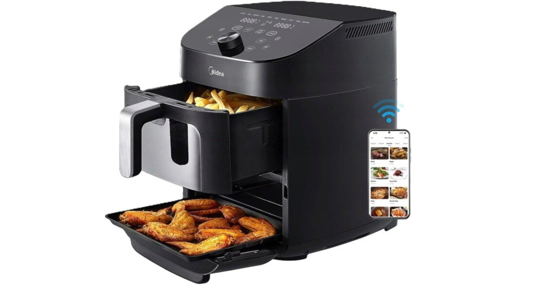Air Fryer Frytkownica beztłuszczowa MIDEA MAD1100DADK z podwójnym koszem i rusztem do grilla Dwa poziomy – więcej możliwości Podwójna komora  pojemność przygotowywanie dwóch różnych dań