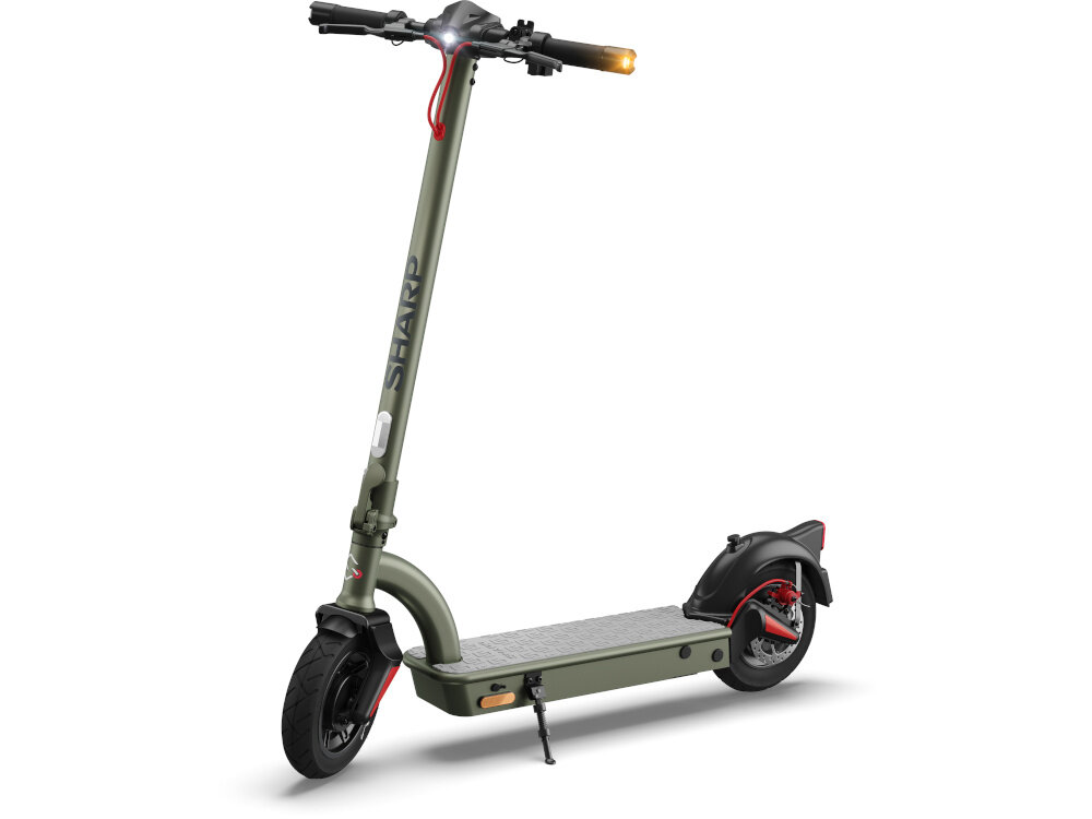 Hulajnoga elektryczna SHARP EM-KT4CEU-G 35km 350W Amortyzacja 10 cali Oliwkowo-szary hulajnoga na białym tle widoczna od przodu pod skosem silnik o mocy 350 W cicha praca płynna kontrola prędkości maksymalna prędkość do 20 km/h