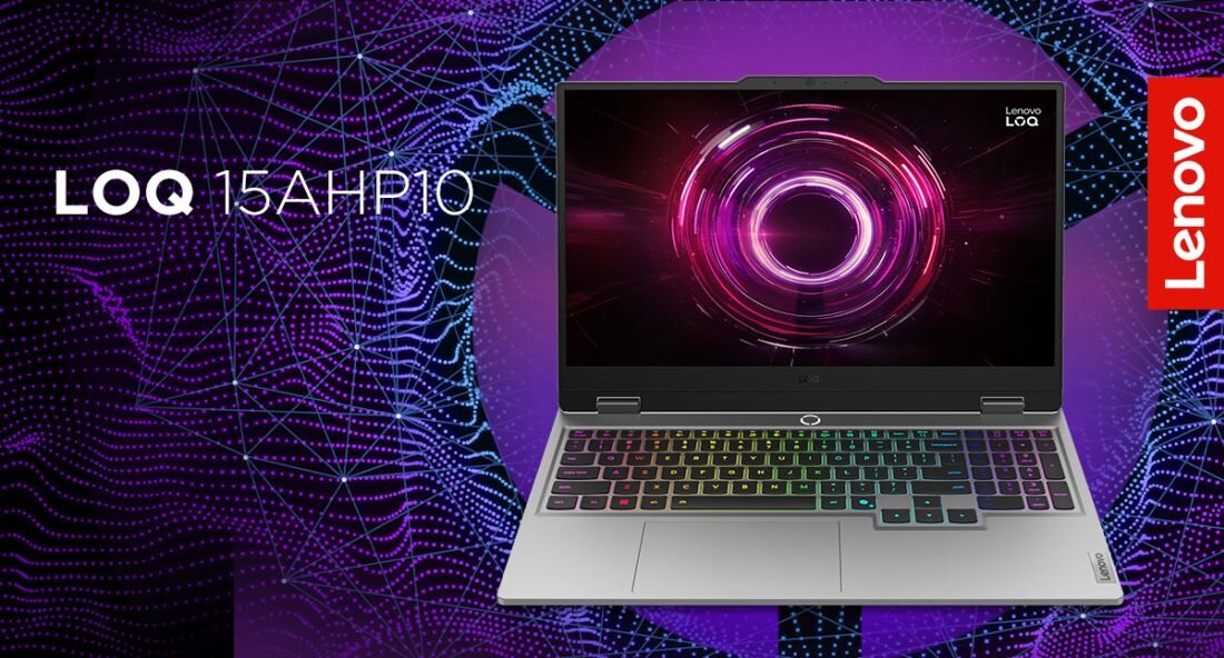 Laptop gamingowy Lenovo LOQ 15AHP10 z podświetlaną klawiaturą RGB na tle futurystycznej grafiki, ekran z motywem energetycznego pierścienia, logo Lenovo po prawej stronie.