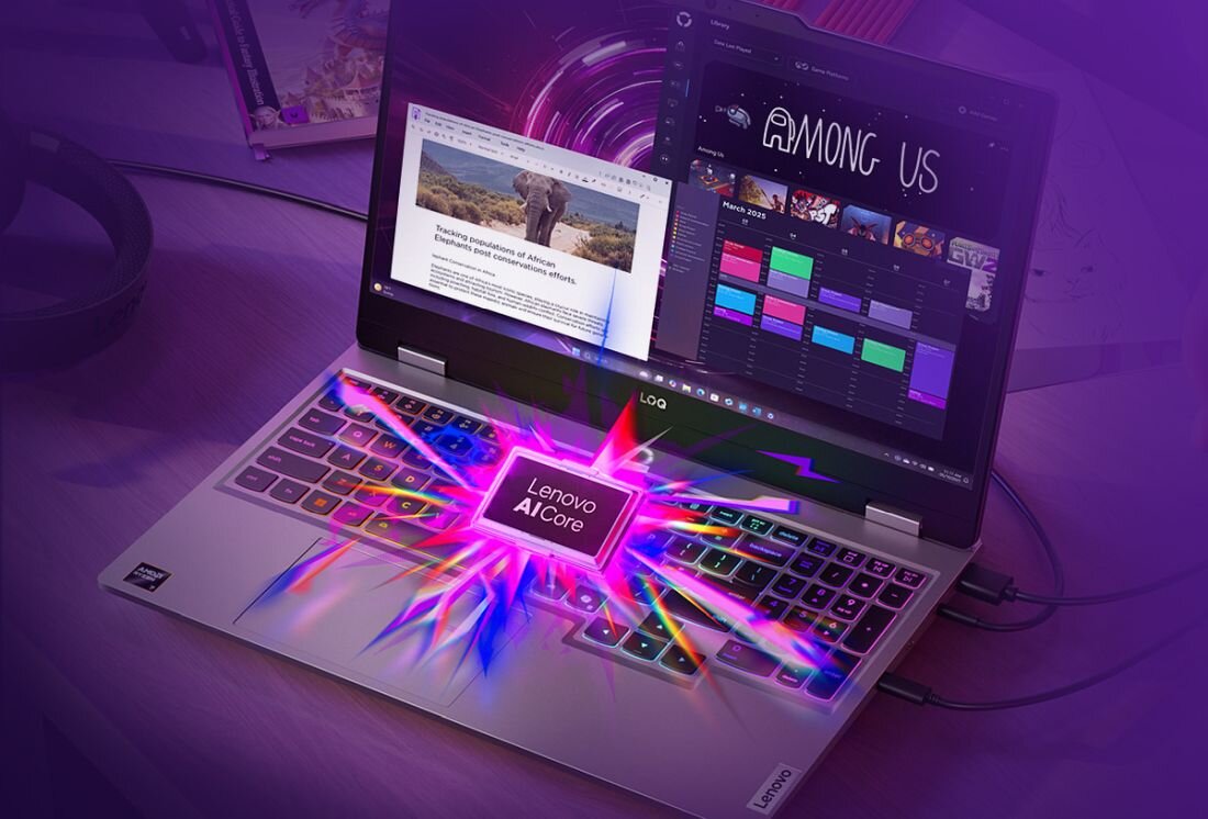 Laptop Lenovo LOQ 15AHP10 z technologią Lenovo AI Core, podświetlana klawiatura RGB, dwa otwarte okna na ekranie – aplikacja biurowa oraz panel gier, nowoczesny design dla graczy i twórców. - LENOVO AI Engine+, LENOVO AI Core