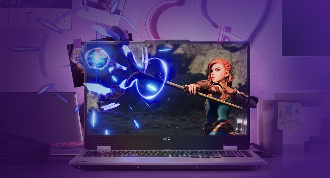 Laptop gamingowy Lenovo LOQ 15AHP10 z ekranem Full HD, dynamiczna scena z gry akcji na wyświetlaczu, podświetlana klawiatura RGB, nowoczesne biurko gracza. - Rozdzielczość FHD i częstotliwość odświeżania 144 Hz