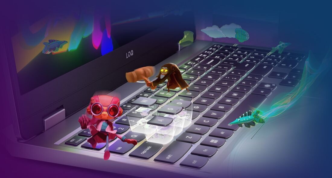 Podświetlana klawiatura laptopa Lenovo LOQ 15AHP10 z motywem gamingowym, kolorowe postacie z gier na klawiszach, ekran z barwną grafiką. - Klawiatura LENOVO LOQ z pełną sekcją numeryczną, 24-strefowe podświetlenie RGB