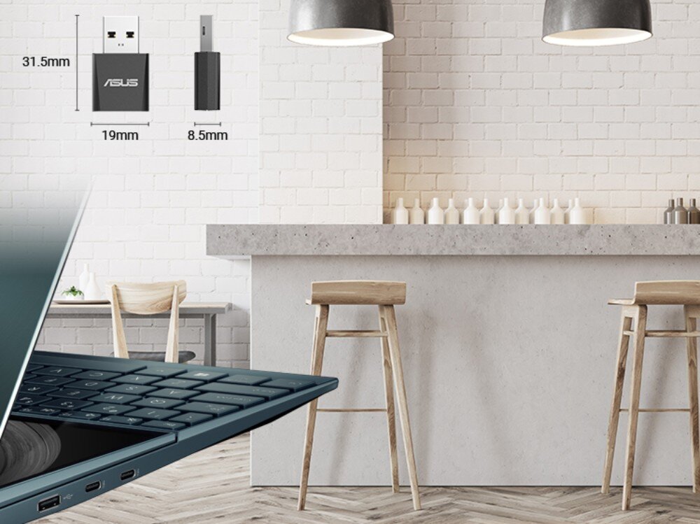 Karta sieciowa ASUS USB-BE92 Grafika przedstawiająca wymiary adaptera USB, które wynoszą 31.5 mm wysokości, 19 mm szerokości oraz 8.5 mm głębokości