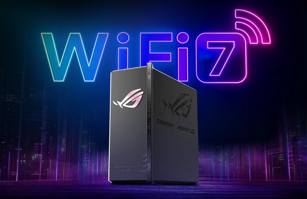 Router ASUS ROG Strix GS-BE18000 Czarne urządzenie stoi na tle nocnej panoramy miasta, za nim widnieje duży napis 'WiFi 7' w neonowych barwach fioletu i różu, standard Wi-Fi 7, przepustowość, technologie