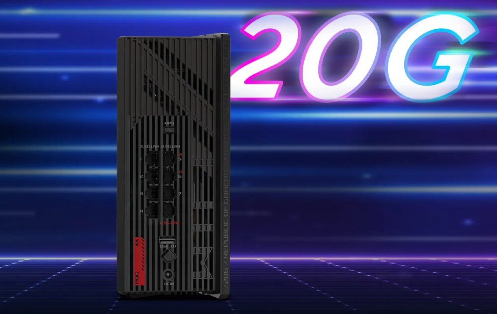 Router ASUS ROG Strix GS-BE18000 Czarne pionowe urządzenie sieciowe pokazane od tyłu, z widocznymi ośmioma portami sieciowymi i napisem '20G' w dużych, kolorowych literach na tle dynamicznych, neonowych smug, porty, podłączenie