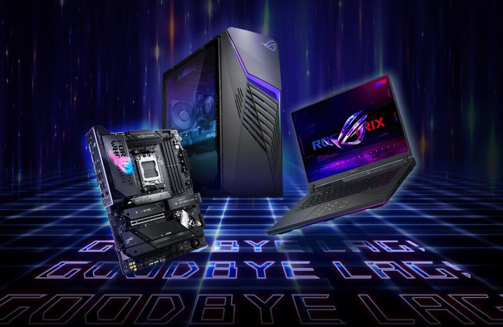 Router ASUS ROG Strix GS-BE18000 Komputer stacjonarny, płyta główna i laptop z kolorową grafiką ekranową ustawione są na neonowej, siatkowej podłodze z napisem 'GOODBYE LAG', w futurystycznym otoczeniu, funkcje dla graczy