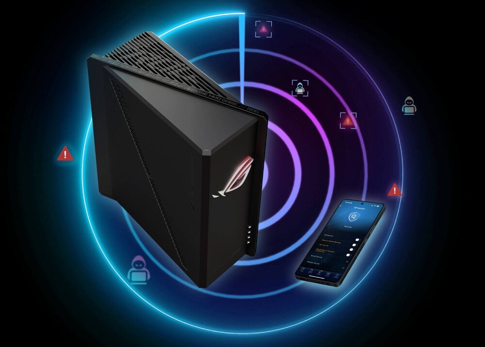 Router ASUS ROG Strix GS-BE18000 Czarne pionowe urządzenie otoczone kolorowym okręgiem przypominającym radar, z ikonami użytkowników i trójkątnymi symbolami ostrzeżeń oraz smartfonem z aplikacją bezpieczeństwa obok, ochrona sieci, VPN