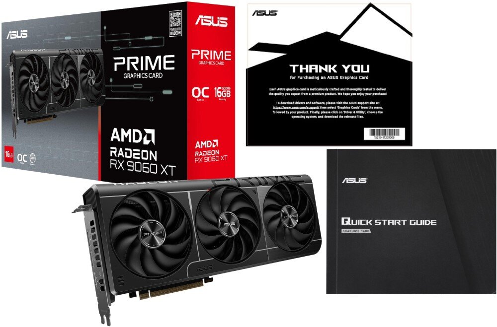Karta graficzna ASUS Prime Radeon RX 9060 XT OC Edition 16GB Zestawienie pudełka karty graficznej wraz z samym urządzeniem oraz instrukcją i kartą z podziękowaniem