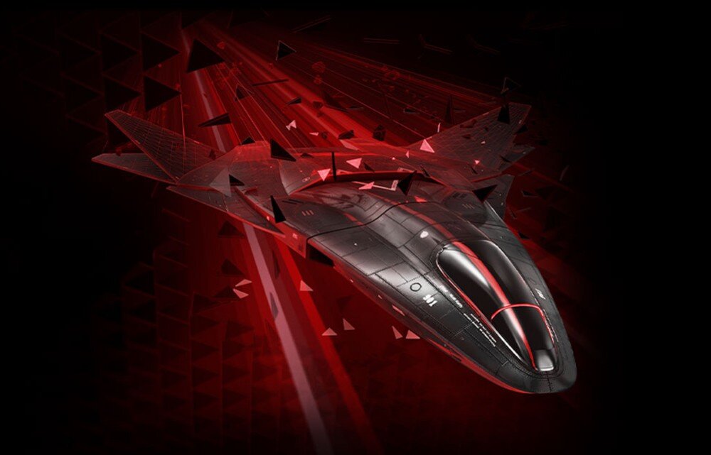 Karta graficzna ASUS Prime Radeon RX 9060 XT OC Edition 16GB Futurystyczny czarny pojazd z czerwonymi akcentami lecący przez przestrzeń wypełnioną trójkątnymi kształtami w czerwonej tonacji