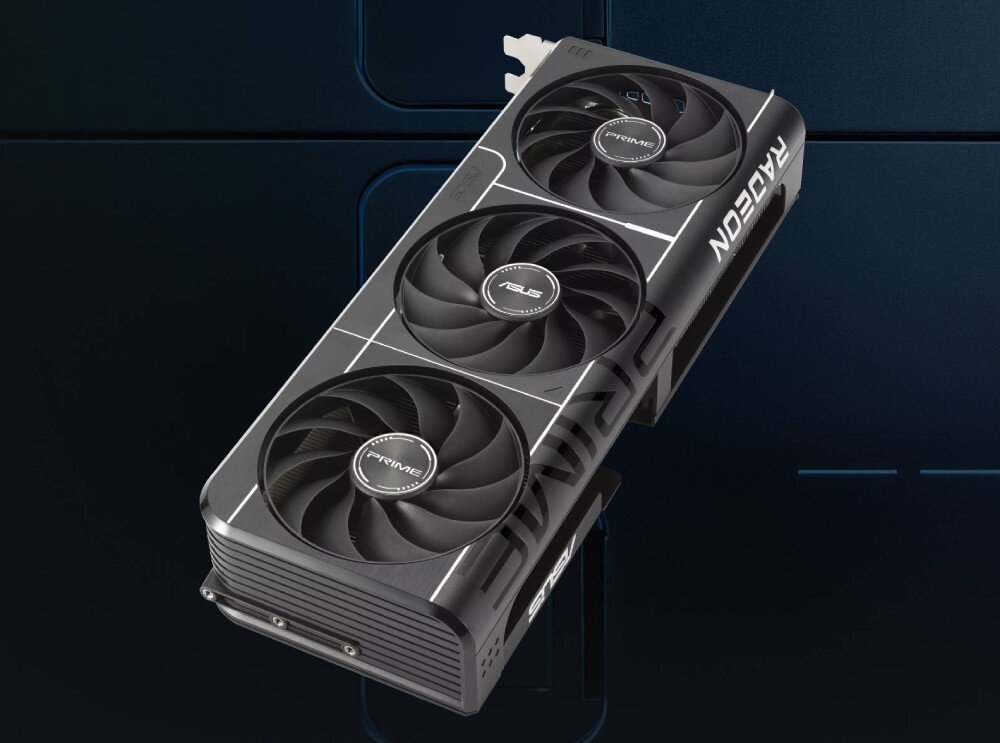 Karta graficzna ASUS Prime Radeon RX 9060 XT OC Edition 16GB Widok z góry pod kątem na kartę graficzną z trzema czarnymi wentylatorami