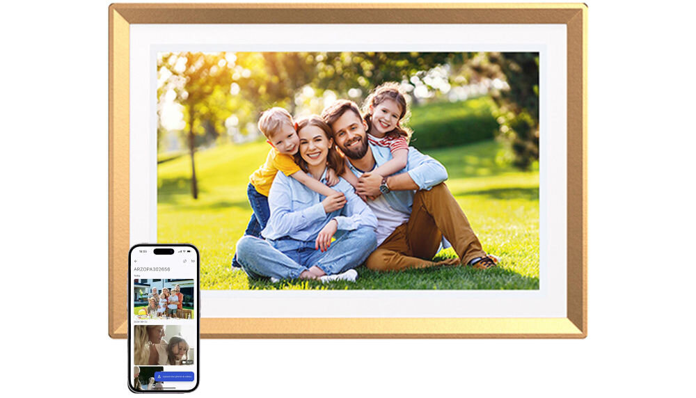 Ramka cyfrowa ARZOPA D10 10.1 cala Złoty prezentacja ramki ze zdjęciem przed telefon białe tło multi-account przesyłanie zdjęć po zeskanowaniu kodu QR